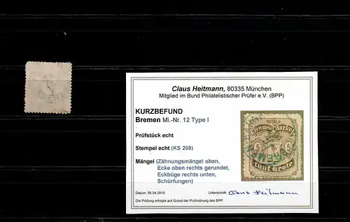 Bremen: MiNr. 12 Type I, gestempelt, BPP  Befund