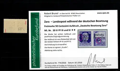 Zara: MiNr. 20 III, Plattenfehler III und IV, postfrisch, **