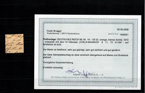 DR: MiNr. 14, gestempelt Coeln-Bahnhof, BPP Befund