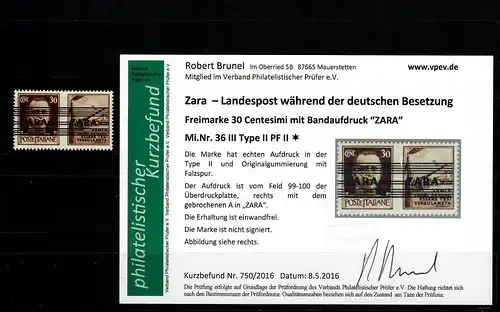 Zara: MiNr. 36 III, Plattenfehler II, *, Falzspur