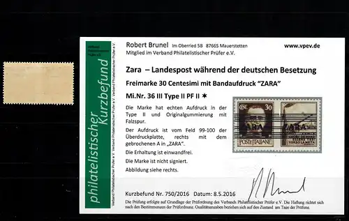 Zara: MiNr. 36 III, Plattenfehler II, *, Falzspur
