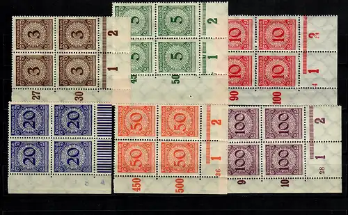 DR: MiNr. 338-343, postfrisch, **, Eckrand Viererblock mit Platten Nummer