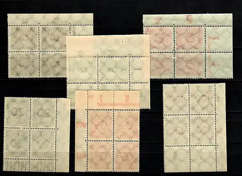DR: Mi Nr. 338-343, post-free, **, Eckrand Quadruple bloc avec plaque numéro