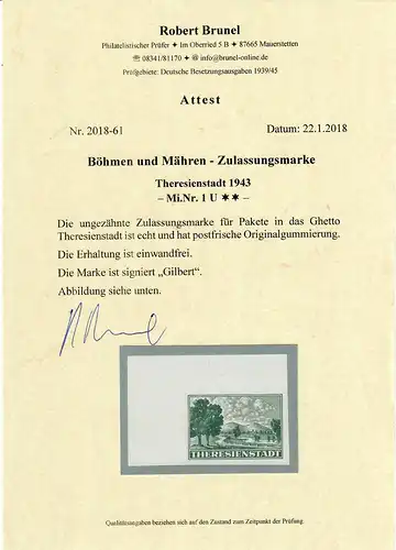 B&M: Thersienstadt Zulassungsmarke MiNr. 1 U, postfrisch, Eckrand