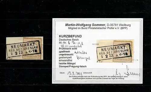DR: MiNr. 6, gestempelt Neumarkt/Breslau, BPP Befund