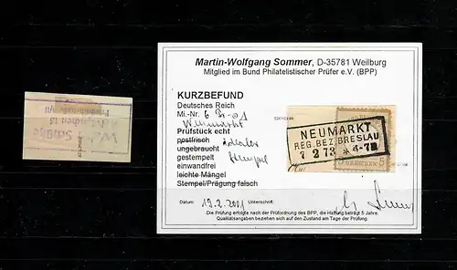 DR: MiNr. 6, gestempelt Neumarkt/Breslau, BPP Befund