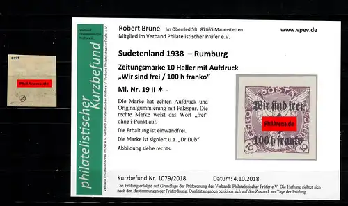 Sudetenland MiNr. 19 II, *, Falz,  Rumburg