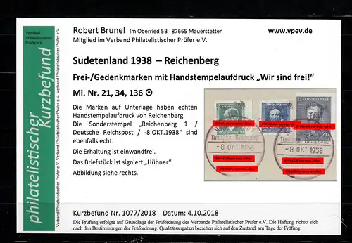 Sudetenland MiNr. 21, 34, 136, Sonderstempel Reichenberg