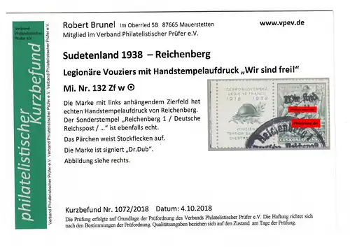 Sudetenland MiNr. 132 Zf w, gestempelt, Sonderstempel Reichenberg