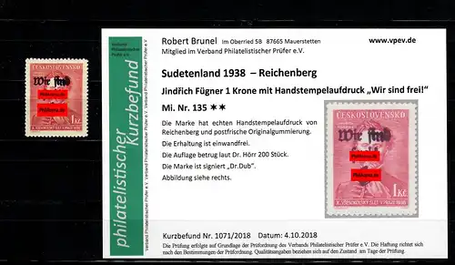 Sudetenland MiNr. 135, post-freich, **, Reichenberg, édition environ 200 pièces