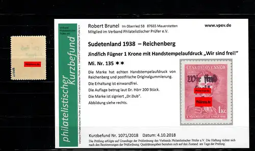 Sudetenland MiNr. 135, postfrisch, **, Reichenberg, Auflage ca. 200 Stück