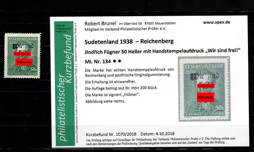 Sudetenland MiNr. 134, postfrisch, **,  Auflage ca. 200 Stück, Reichenberg,