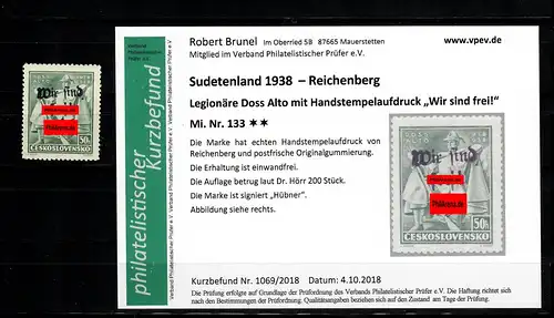 Sudetenland Min. 133, post-freich, **, Reichenberg, édition environ 200 pièces