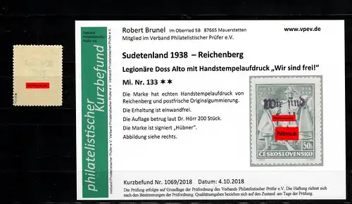 Sudetenland MiNr. 133, postfrisch, **, Reichenberg, Auflage ca. 200 Stück