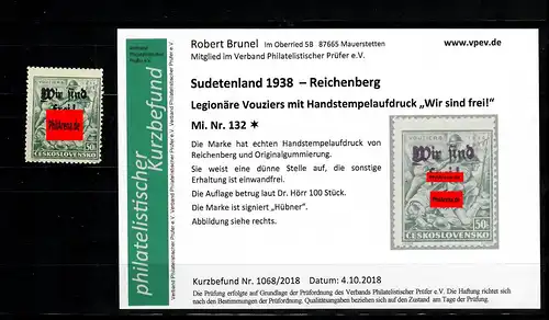 Sudetenland MiNr. 132, Falz, *, Reichenberg, édition environ 100 pièces