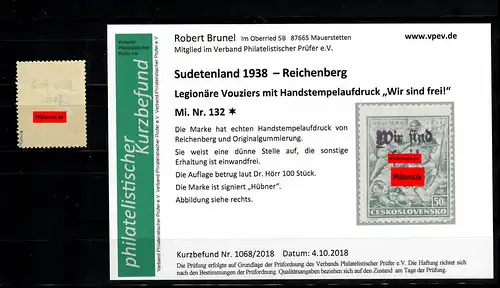 Sudetenland MiNr. 132, Falz, *, Reichenberg, Auflage ca. 100 Stück
