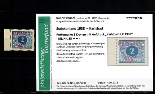 Sudetenland MiNr. 38, postfrisch, **, Auflage 205 Stück