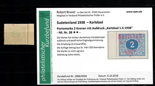 Sudetenland MiNr. 38, postfrisch, **, Auflage 205 Stück