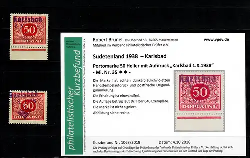 Sudetenland MiNr. 35, postfrisch, **, Auflage 640 Stück, Karlsbad