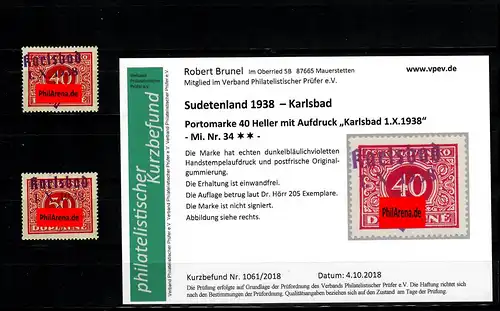 Sudetenland MiNr. 34/35, postfrisch, **, Auflage 205/640 Stück, Karlsbad