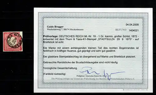 DR: MiNr. 19, gestempelt Stadtsulza, BPP Befund