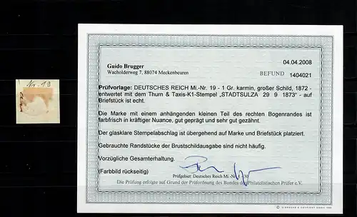 DR: MiNr. 19, gestempelt Stadtsulza, BPP Befund