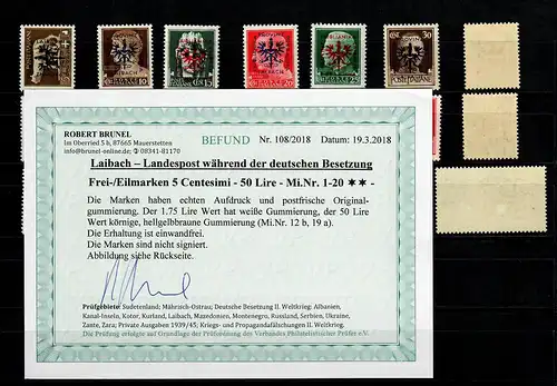 Laibach: MiNr. 1-20, (mit 12b und 19a), postfrisch, **