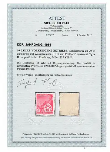 DDR: MiNr. 527 YII, postfrisch, **, Type II,  BPP Attest