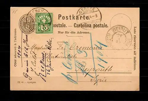 Schweiz: MiNr. P 26 mit Zusatfrankatur von Genf 1904 nach Beyrouth, Bedarfstext