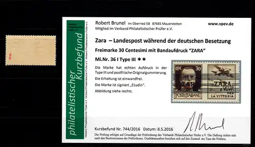 Zara MiNr. 36 I, Type III, postfrisch, **