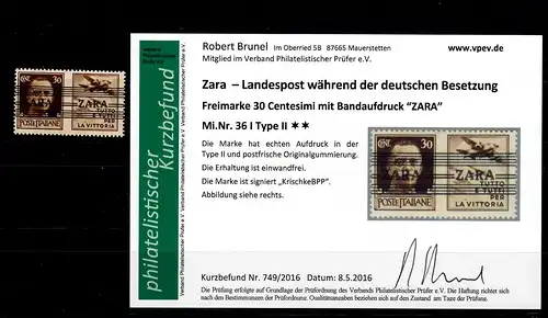 Zara MiNr. 36 I, Type II, postfrisch, **