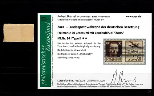 Zara MiNr. 36 I, Type II, postfrisch, **