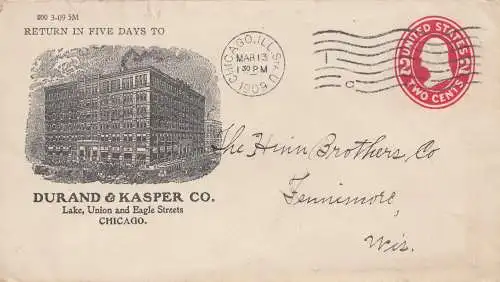 États-Unis 1909 Chicago Ill, to Fennimore Wis.