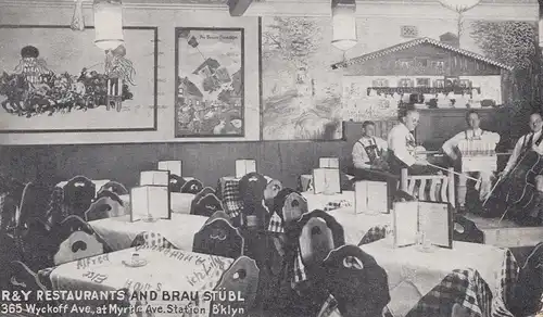 États-Unis 1931 post card Brooklyn to Esslingen, Restaurants and Brau Sübl