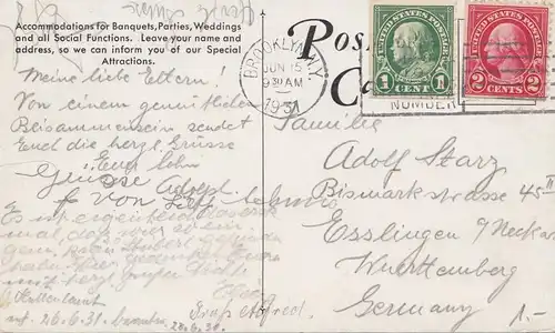 États-Unis 1931 post card Brooklyn to Esslingen, Restaurants and Brau Sübl