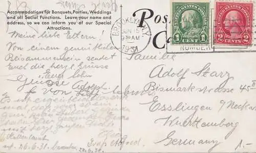 USA 1931 post card Brooklyn to Esslingen, Restaurants and Brau Stübl