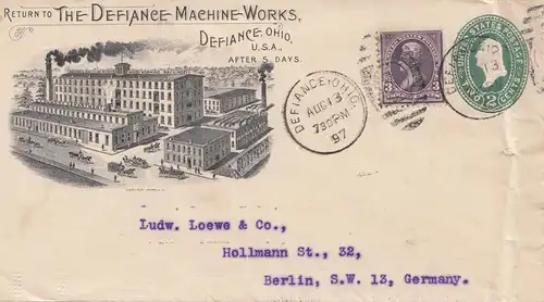 USA 1897: Defiance Machine-Woks, De Fiance, Ohio to Berlin