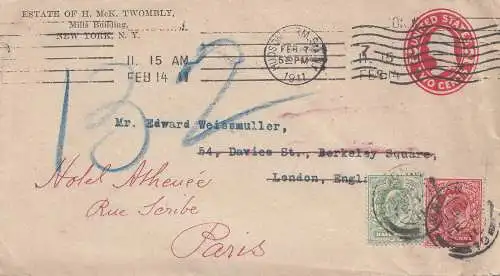 USA 1911: New York Mills Building to London, forwarded to Paris