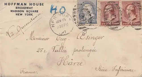 États-Unis 1887: New York via Queenstown to Härre / France
