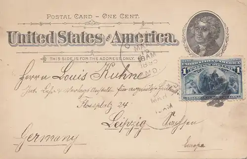 USA 1895: post card Oaklands to Leipzig/Germany