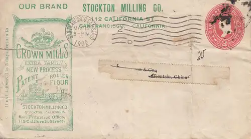 États-Unis d'Amérique 1902: Stockton Milling San Francisco California to China, Tientsin, Shanghai