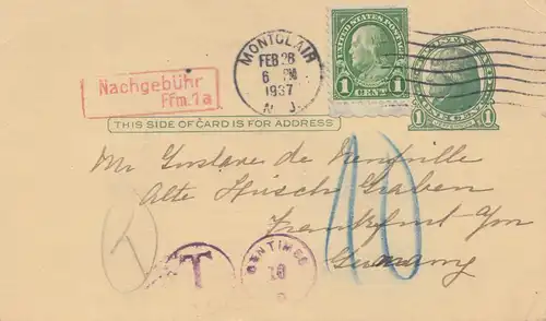 USA 1937: Montclair post card to Frankfurt/Germany, Taxe, Nachgebühr Ffm. 1a