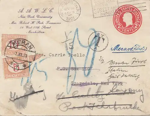 USA 1921: Manhattan to Scaredale, New York, forwarded Meran/Austria, Taxe