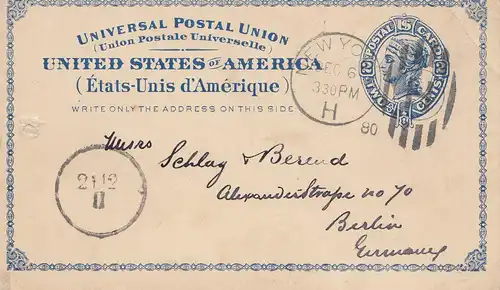 USA 1880: post card New York to Berlin