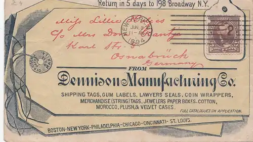 USA 1894: Post card New York to Osnabrück/Germany, Paper Crep Tissue