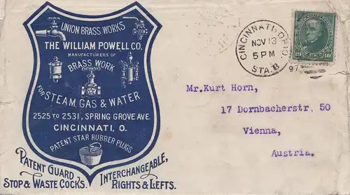 USA 1897: Cincinnati, Ohio to Vienna, Austria, Brass works, Steam Gas, Water