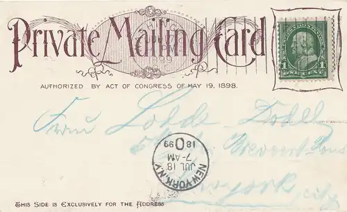 USA 1899: Post card Washington White House to New York