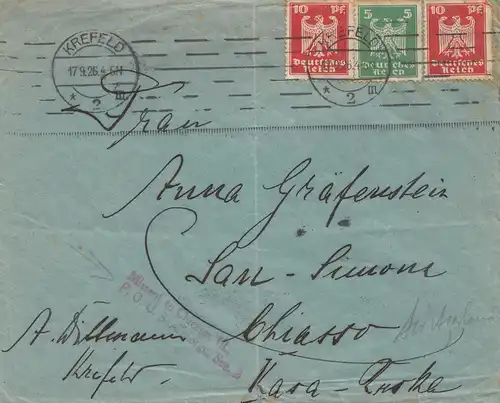 USA 1926: Kreefeld to Chicago, Missent to Chicago Ill