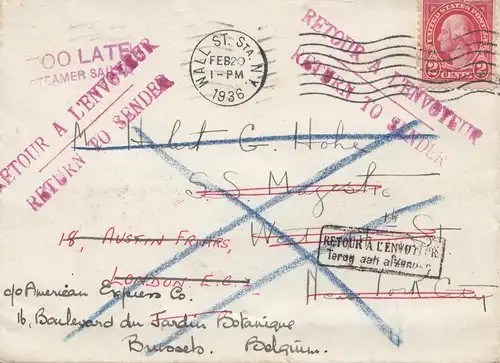 USA 1936: Mall St. Station, N.Y. to Burssels/Belgium, Return to Sender,