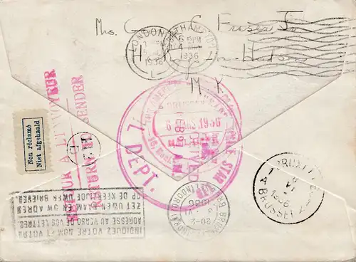 USA 1936: Mall St. Station, N.Y. to Burssels/Belgium, Return to Sender,